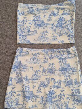 Edikted skirt + strapless top set in blue & white - XS